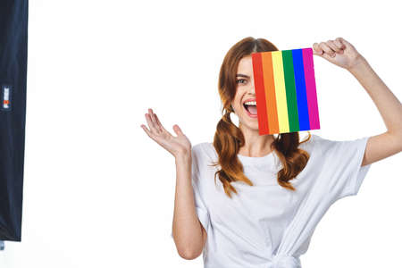 woman wearing white t-shirt lgbt Flag transgender community Protestの写真素材