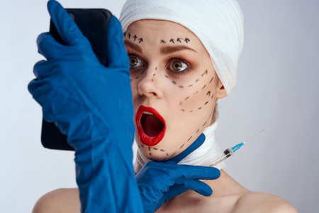 beautiful woman Red lips plastic surgery operation bare shoulders studio lifestyle