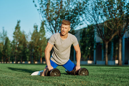 athletic man with dumbbells in the park exercise motivation