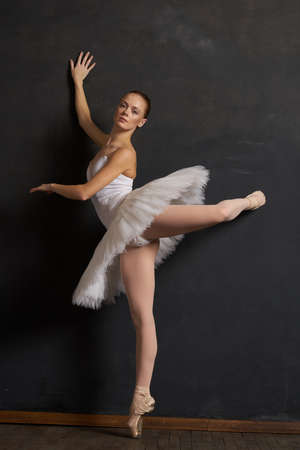 woman ballerina in a white tutu dance posing performance dark backgroundの写真素材