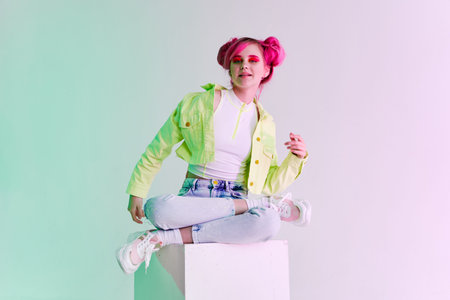cheerful woman green jacket fashionable clothes studio model