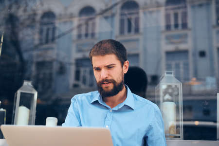 business man outdoors laptop technology internet workの写真素材