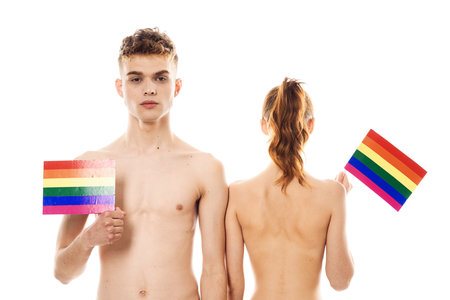 couple in white t-shirts Flag lgbt transgender sexual minoritiesの写真素材