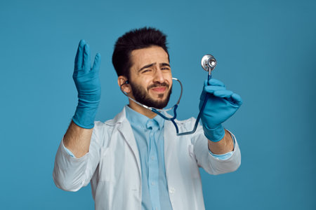 laboratory assistant in a white apron analyzes diagnosticsの写真素材