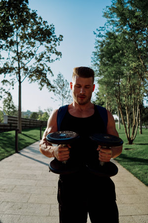 athletic man with dumbbells in his hands in the park training lifestyle
