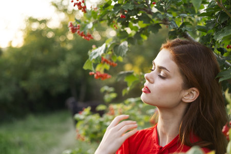 Woman red dress green leaves nature summer