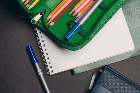 green pencil case with pencils design object school suppliesの写真素材