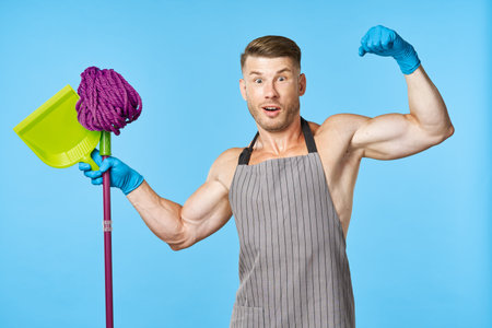 pumped up man cleaner mop scoop service