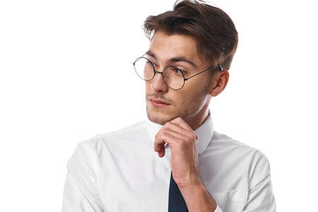 manager with glasses gesturing with his hands studio lifestyleの写真素材