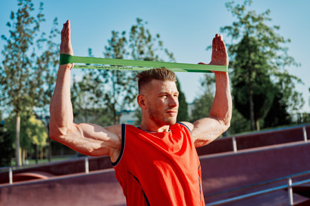 athletic man in red jersey workout exercise pumped up body