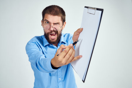 manager in blue shirt wearing glasses success emotions Professionalの写真素材