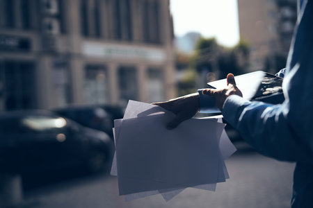 business man with documents in blue shirt manager