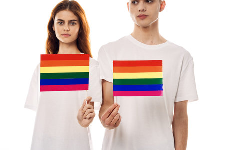 couple in white t-shirts Flag lgbt transgender sexual minoritiesの写真素材