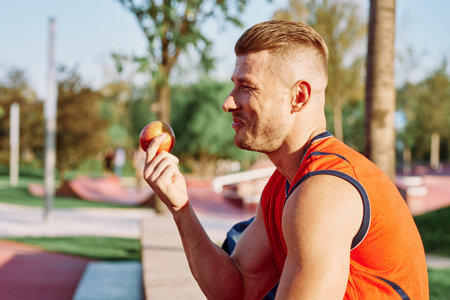 sporty man resting in the park on a bench having a snack