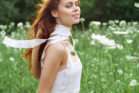 cheerful women in white dress and posing nature luxury