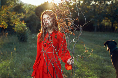 pretty woman in red dress walking in the field with dogの写真素材