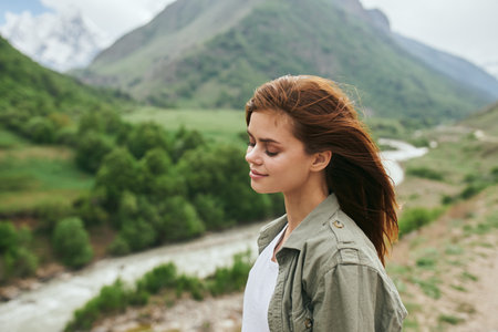 woman hiker mountains landscape travel fresh air