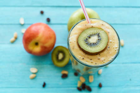 fruit dessert smoothie vitamins fresh delicacy blue backgroundの写真素材