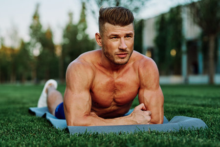 athletic man with pumped up muscular body in the park doing exercise