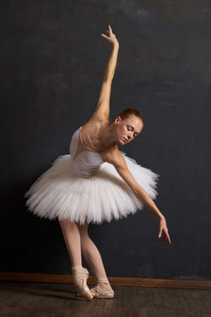 woman ballerina in a white tutu dance posing performance dark backgroundの写真素材