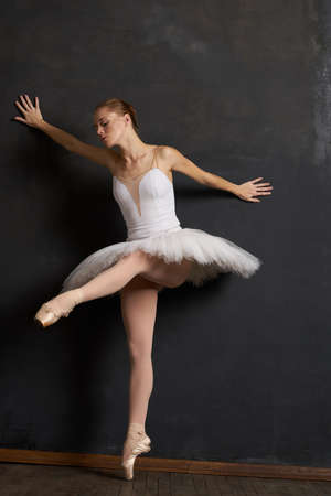 woman ballerina in a white tutu dance posing performance dark backgroundの写真素材