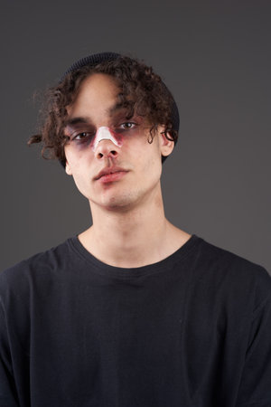 fighter with broken nose training boxing conflict aggression injuryの写真素材