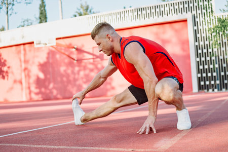 sports man in a red t-shirt on the sports ground doing exercises
