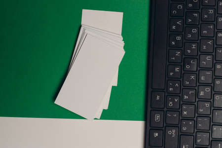 desktop keyboard business cards copy-space top viewの写真素材