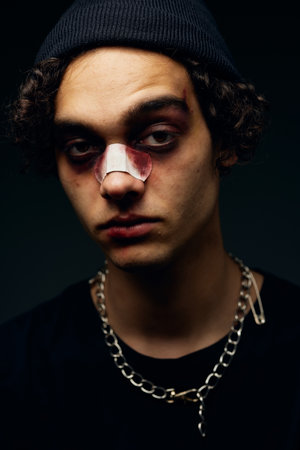 fighter with broken nose training boxing conflict aggression injuryの写真素材