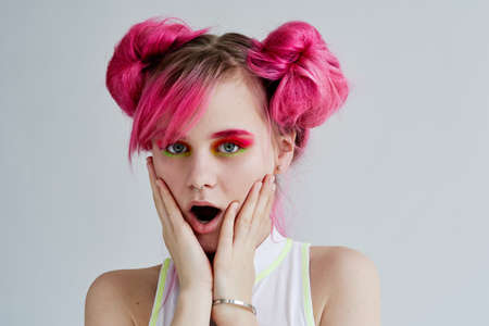pretty woman bright makeup posing poster stylish clothing Acid style designの写真素材