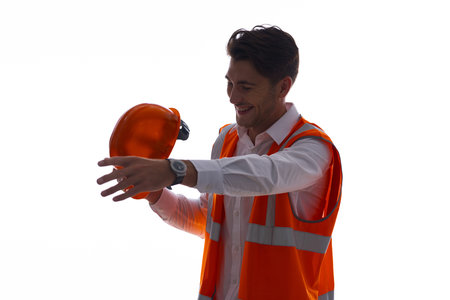 emotional worker in orange uniform Professional light background