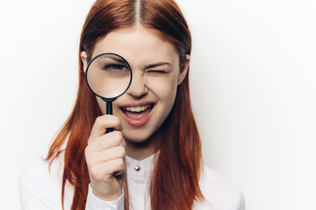 pretty woman grimacing with magnifying glass near face