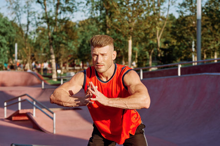 sports man on the playground in the park workout
