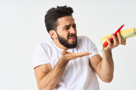 bearded man with vegetables in his hands hot pepper corn