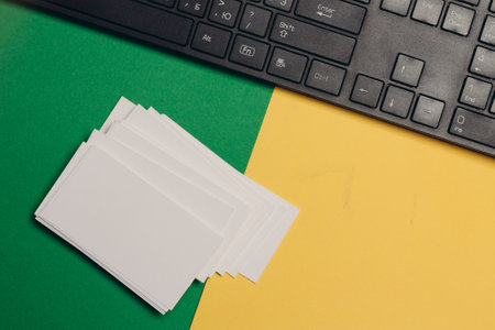 desktop keyboard business cards copy-space top view. High quality photoの写真素材
