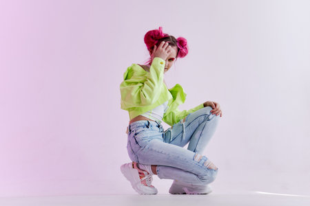 cheerful woman in youth clothing collage neon background