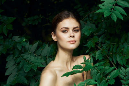 beautiful woman green leaves clean skin nature summer close-upの写真素材