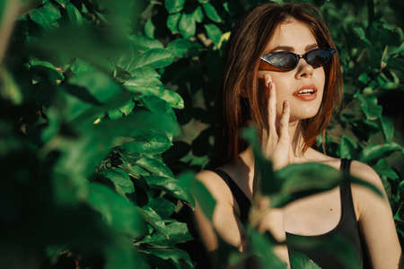cheerful fashionable woman in sunglasses and green leaves russian summerの写真素材