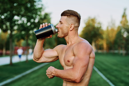 athletic man with pumped up muscular body in the park exercise workout motivation