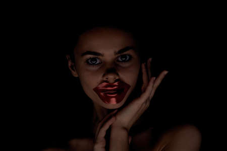 pretty woman naked shoulders lip mask skin careの写真素材