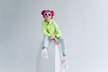 hipster woman pink hair posing fashion clothes isolated background