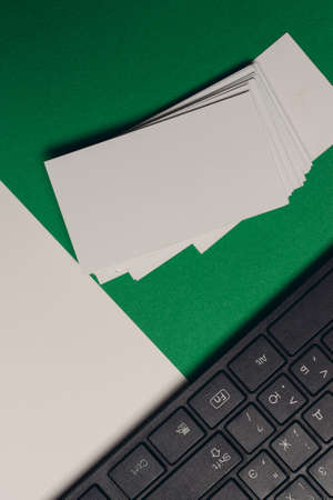 desktop keyboard business cards copy-space top viewの写真素材