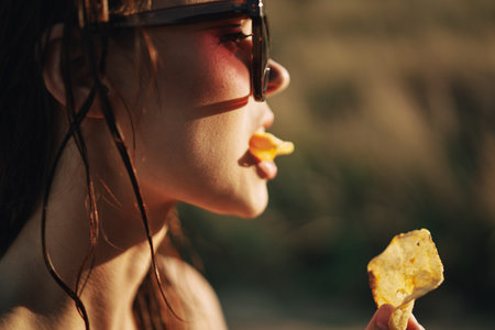 woman in sunglasses eating chips in nature sun