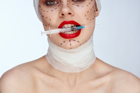female patient in blue gloves syringe in hands contour on the face lifting close-up