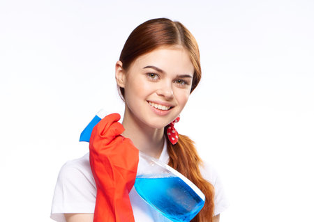 cleaning lady wearing rubber gloves detergents housework