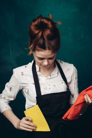 woman with rubber gloves in apron cleaning houseworkの写真素材
