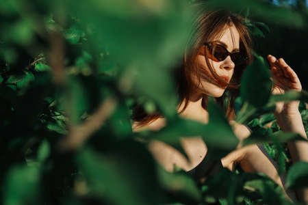 pretty woman wearing sunglasses green leaves posing summerの写真素材