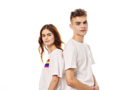 young couple lgbt Flag transgender lifestyle light background
