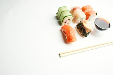 sushi chopsticks soy sauce snack delicacy japanese cuisineの写真素材