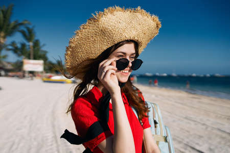 woman in hat on island landscape summer tropicsの写真素材